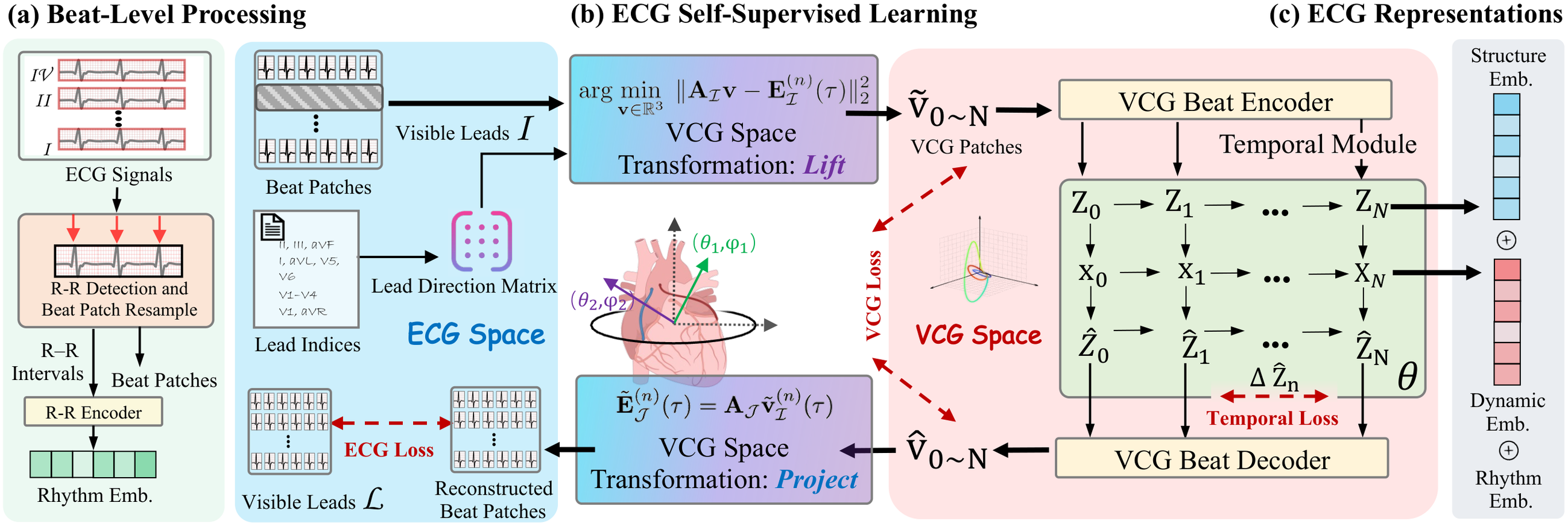 LVCG architecture: beat-level processing, VCG lift/project, encoder and temporal module